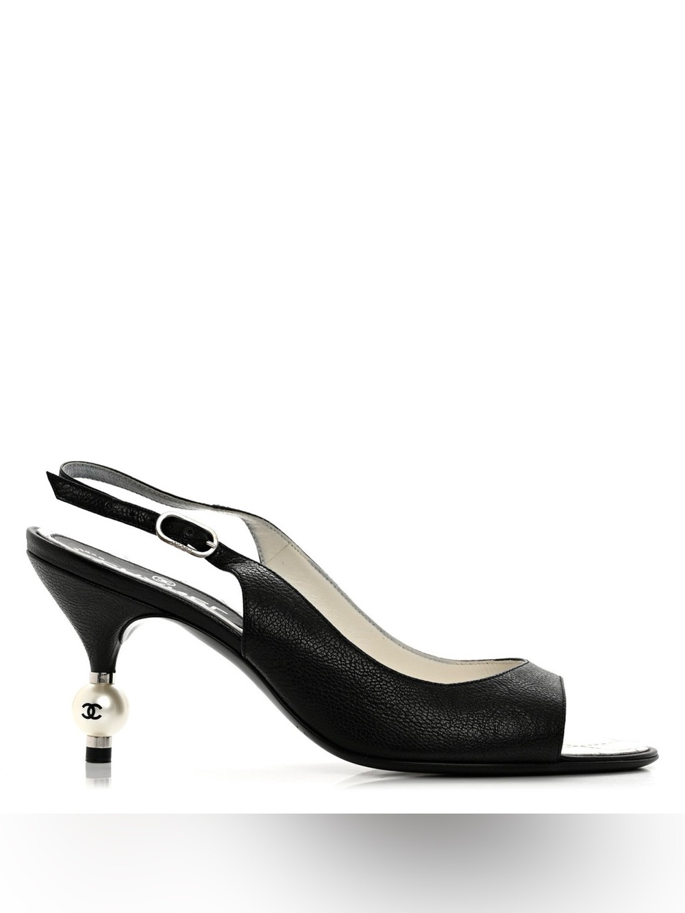CHANEL Black Open Toe Slingback Pearl Heel